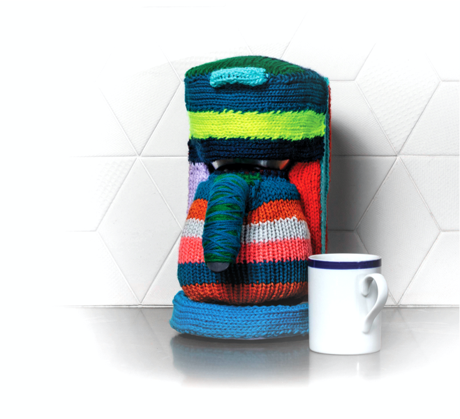 Coffee maker wrapped in yarn